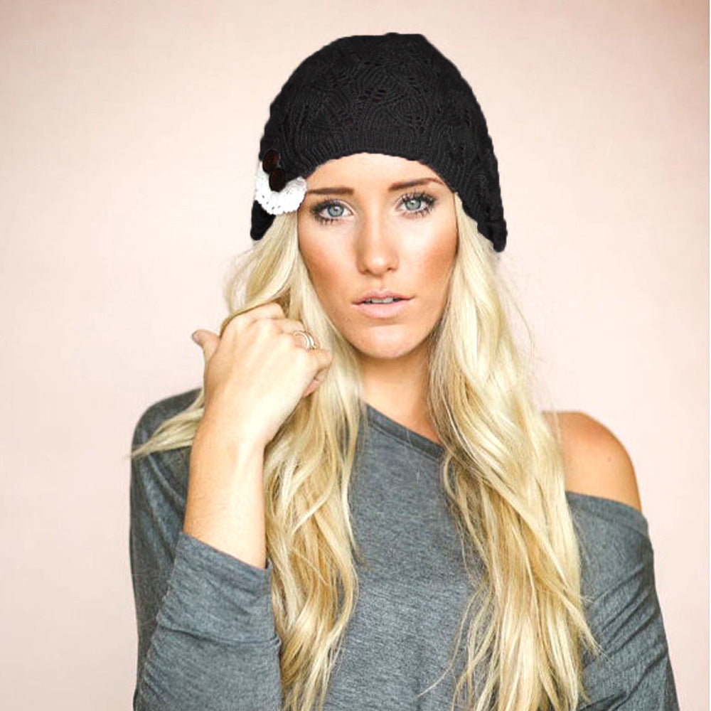 Wholesale Pure Woolen Hat Hollow Leaf Lace Button Knitted Hat